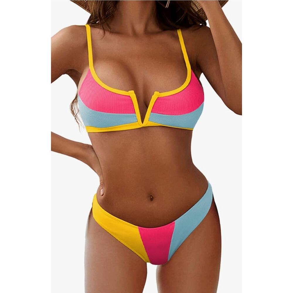 ZAFUL Women's High‎ Cut Bikini Sets Ribbed V-Wire Cami Bikini Swimsuit size L